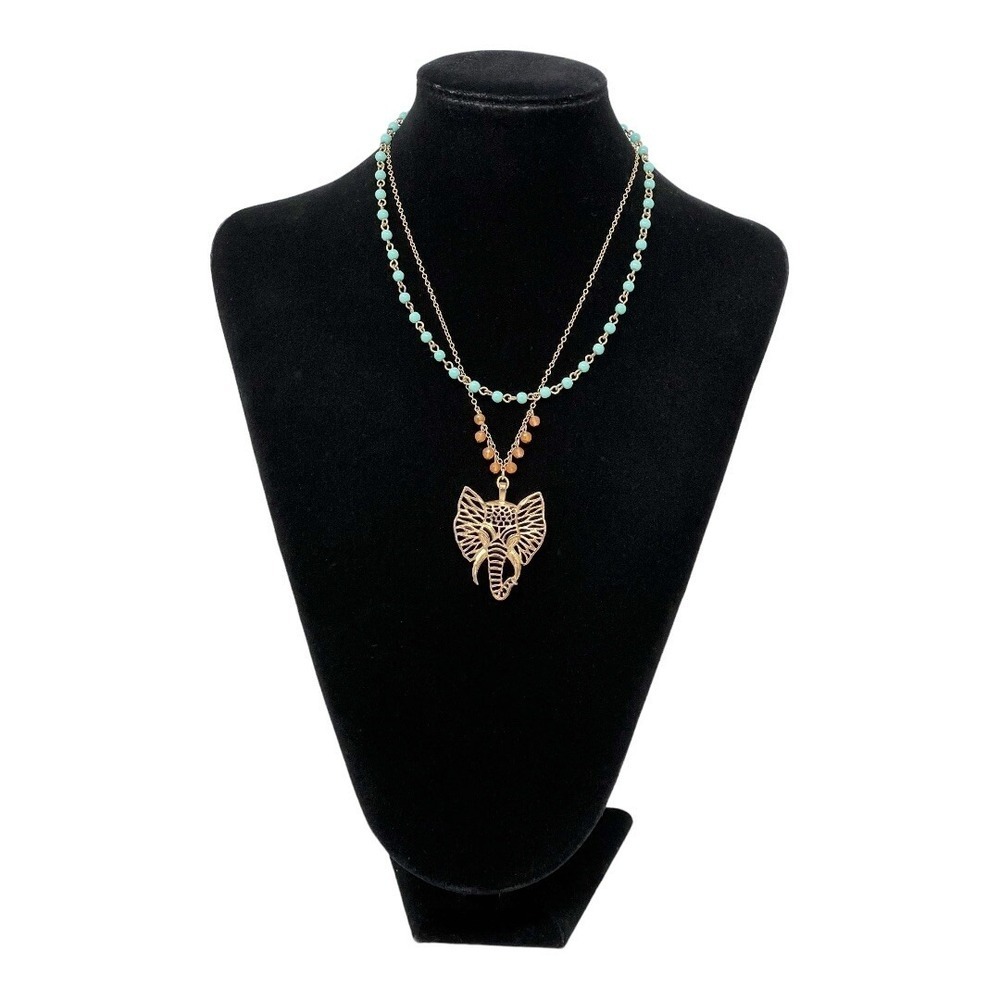 David Aubrey Beaded Necklace Gold Tone Elephant Pendant.